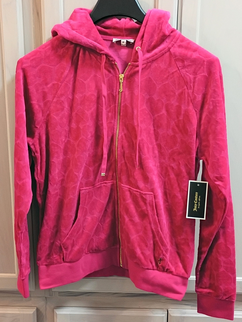 Juicy Couture Fuchsia Heart Jacquard Velour Zip Hoodie NWT Size M